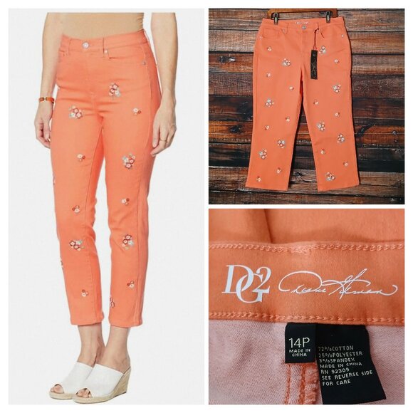 NWT DG2 Diane Gilman Pants Size 14 Petite Coral Capri Floral Embroidered Stretch - Picture 1 of 10